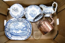 A mixed collection of items to include three items of blue and white transfer printed pottery, a
