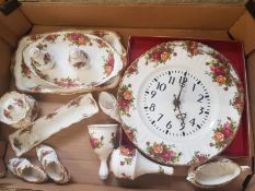 Royal Albert Old Country Roses pattern items to include Wall clock, sandwich tray, Dorothy box, salt