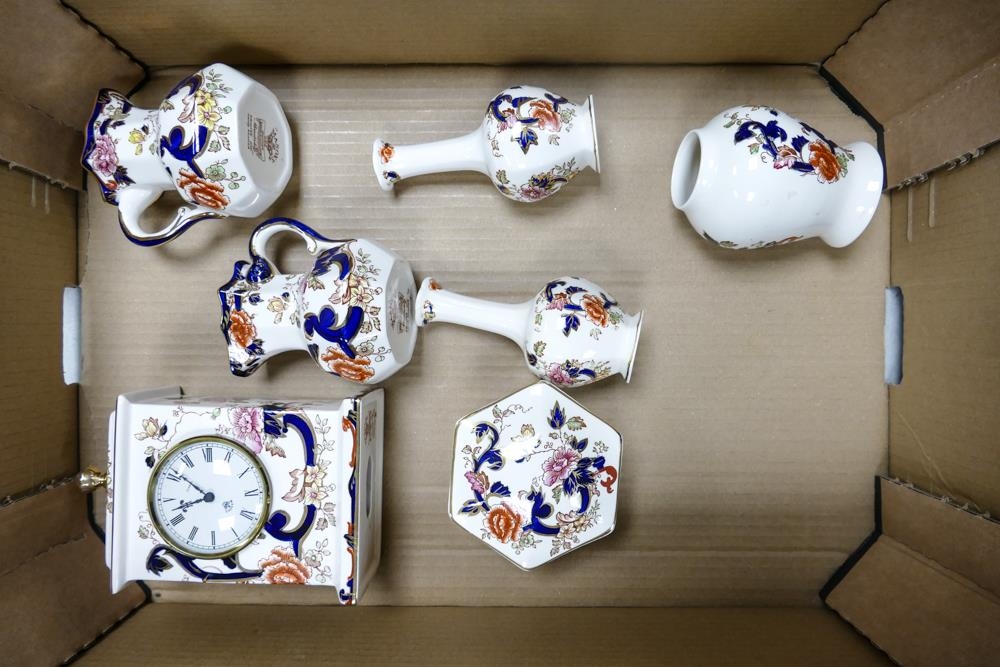 A collection of Masons Blue Mandalay patterned items including Mantle Clock, jugs, vases etc