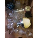 A mixed collection of items to include glass oil lamp, lidded preserve pot, vintage Thermos Jug,