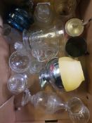 A mixed collection of items to include glass oil lamp, lidded preserve pot, vintage Thermos Jug,