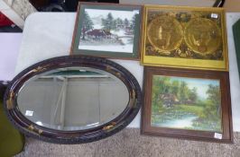 Wall Hanging Oval Chinese Mirror together with 3 framed prints of Chinese Artwork