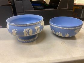 Wedgwood blue jasperware footed fruit bowl together with similar fruit bowl (2)