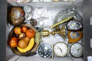 A mixed collection of items to include mid century wooden fruits & bowl, gilt effect candle stick,
