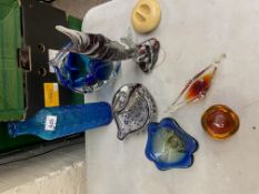 A collection of vintage art glass, including vases, shaped dishes in various colours, tallest vase
