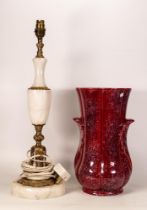 Large Mid Century Onyx Type Lamp Base & Mottled Red vase, height of tallest 50cm(2)