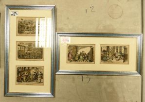Two Framed Sets of George Cruikshank Satirical Engravings to include February - Frost Fair, June -