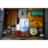 A mixed collection to include vintage wooden mantle clocks, Grillby Massing brass compass, Taylor