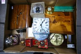 A mixed collection to include vintage wooden mantle clocks, Grillby Massing brass compass, Taylor