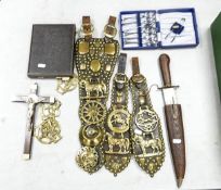 Victorian horse brasses on leather straps , cased knife and spoon set and an Indian knife
