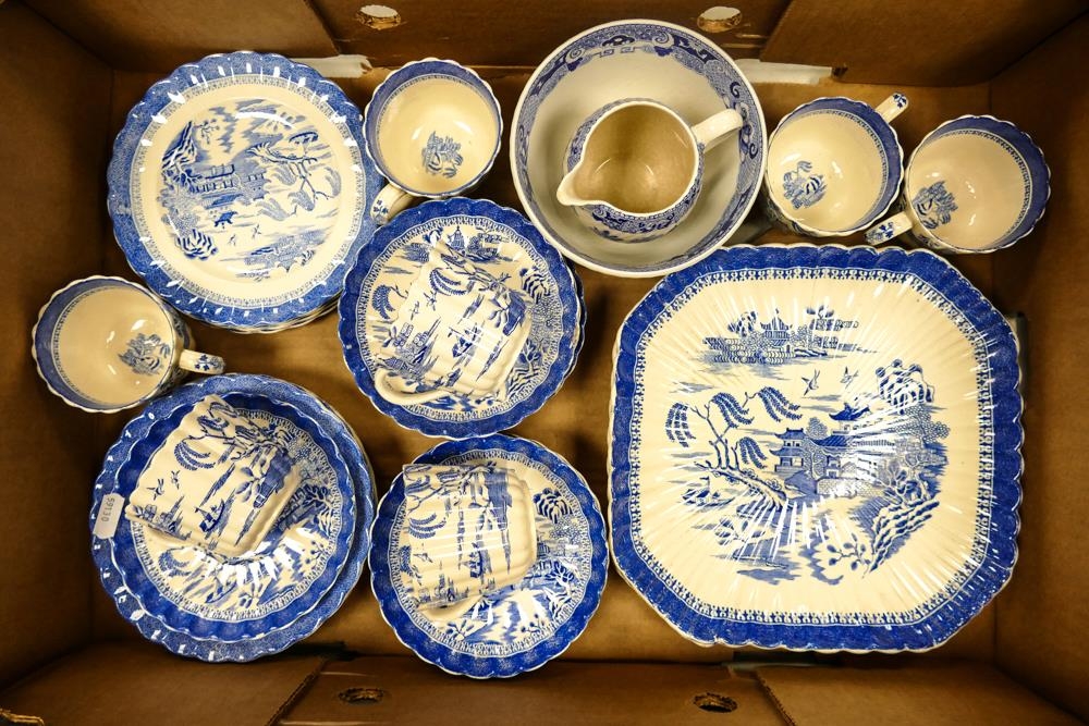 A collection of Blue & White tea ware to include cake plates, 7 cups, 12 saucers, 11 side plates,