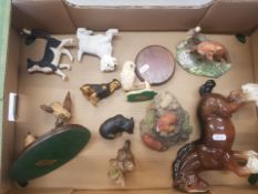 A mixed collection of items to include Wedgwood ceramic fox figure, Border Fine Arts owl figure on