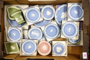 A collection of Wedgwood jasper ware to include Zodiac plates, lidded boxes , flared vase, Mother