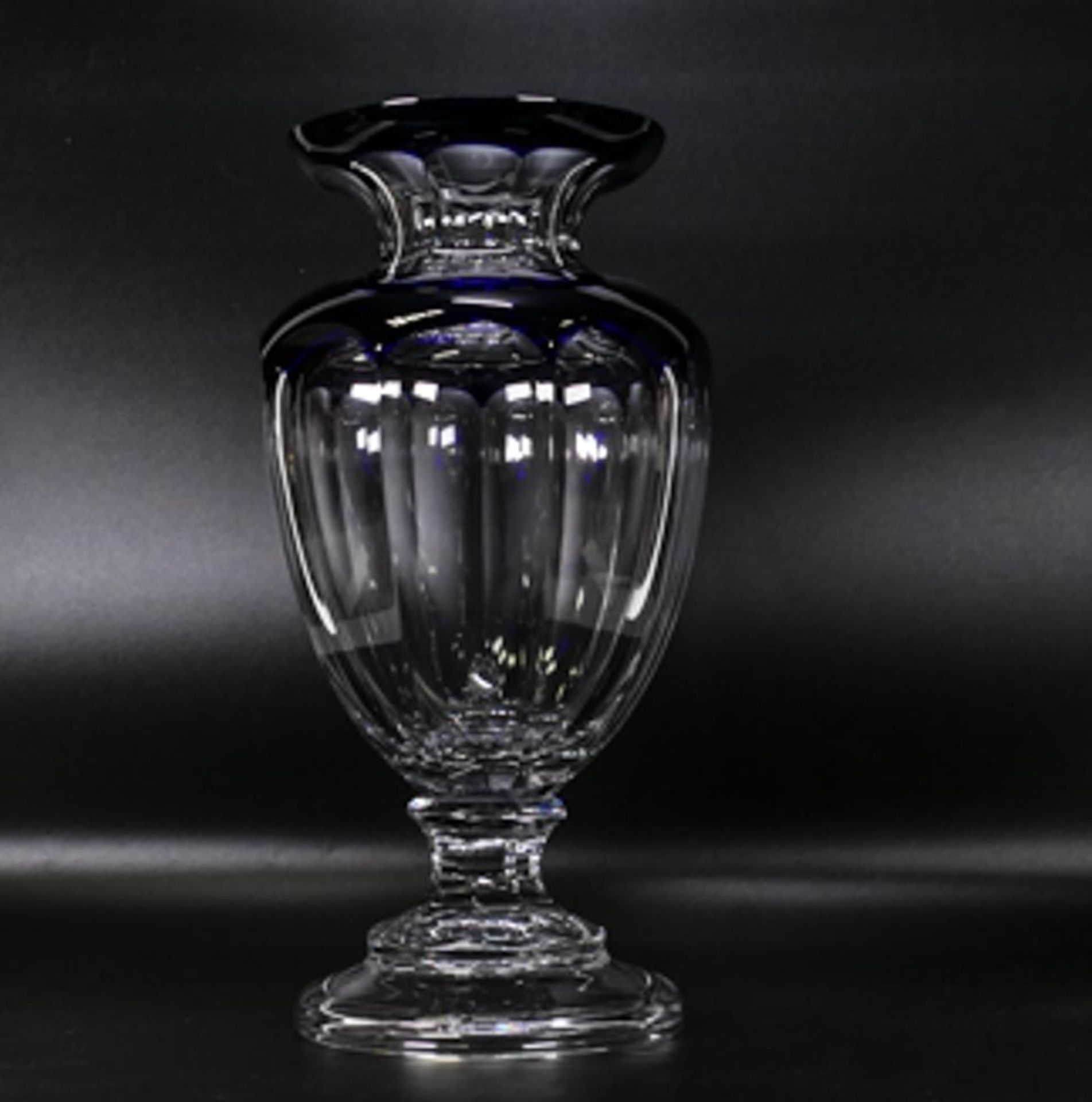 Clear Cut Glass Crystal Cobalt Blue Prestige Vase made for Delamerie Fine Bone China height 34cm
