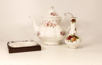 Paragon Rose Bouquet Patterned Teapot, Royal Albert Old Country Rose patterned Bud Vase & pin dish(