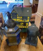 Large handmade wooden model of a house together with modern Buddha head & metal and glass lantern (