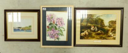 Three Framed Artworks, a Grace I. Halson 'Keele Hall' watercolour Rhodedendron, and two prints,
