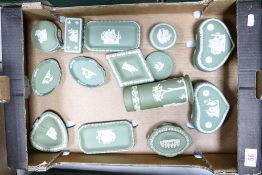 A collection of Wedgwood jasper ware to include spill vase, pin dishes, lidded pots ( 1tray)