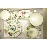 Crown Staffordshire golfing theme items to include large cup, lidded box, cup & saucer, plate, pin