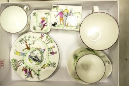 Crown Staffordshire golfing theme items to include large cup, lidded box, cup & saucer, plate, pin