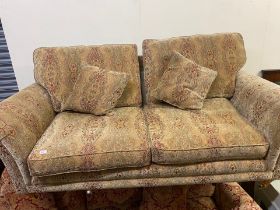 Parker Knoll large 2 seater Sofa with multi coloured fabric covering on turned front supports &