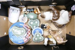 A mixed collection of items to include Wedgwood jasperware, novelty cat teapot, resin animal