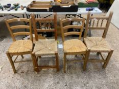 Two matching pairs of rush seated Pine kitchen dining chairs (4)