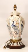Large Wade Lamp Base Decorated With Peacocks, height in fitting 42cm