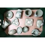 A collection of Wedgwood jasper ware to include jug, vases, milk jug, sugar bowl, pin dishes etc ( 1