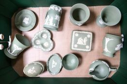A collection of Wedgwood jasper ware to include jug, vases, milk jug, sugar bowl, pin dishes etc ( 1