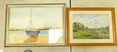 Framed watercolour by H Sherwood of a yacht together with framed signed painting with country scene.