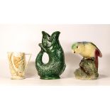 Dartmouth guggle jug together with Kensington jug and a model of a parrot (3)