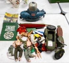 A collection of Vintage Action Man & similar figures & Accessories including Submarine, Figures,