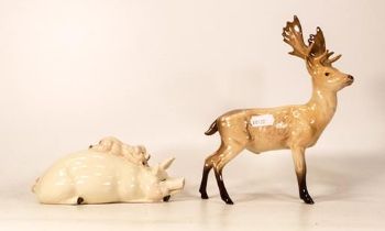 Beswick Stag 2629 ( 1 antler reglued) together with Pig & Piglet piggy back ( ears A/F) (2)