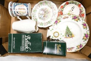A mixed collection of items to include Belleek vase and mantle clock, Sadler tankard, Brambly