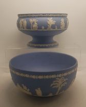 Wedgwood Blue Jasperware Footed Bowl & smaller fruit bowl, diameter of largest 21cm (chip noted to