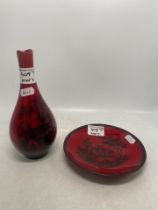 Royal Doulton Flambe Vase height 20cm together with Flambe Dish 15.5cm diameter