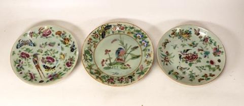 Three Chinese Celadon Famille Rose Plates with Gilt Rim (3)
