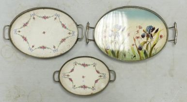 Three English Twin-handled Gallery Trays with ceramic plaque inserts. Length of largest: 49.5cm (3)