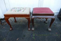 Two upholstered stools with ball and claw feet