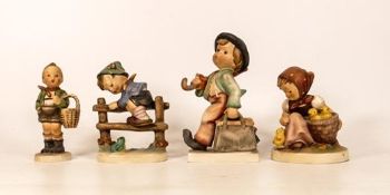 Four Goebel figures chick girl, merry wanderer, retreat to safety and village boy with basket (4)