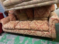 Parker Knoll large 3 seater Sofa in gold and red fabric on turned front supports & brass castors