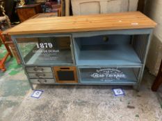 Modern metal and pine small TV cabinet with glazed doors and metal draws 106cm W x 41cm D x 62cm H