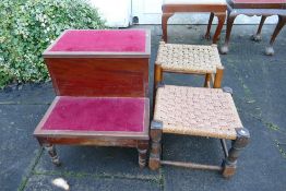 Mahogany bed steps together with two woven topped foot stools