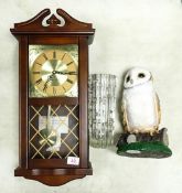 Modern Quartz wall clock together with a large resin owl and a glass vase (3)