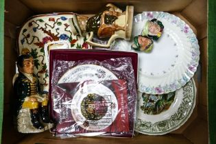 A mixed collection of items to include Royal Doulton character jugs sairy gamp D6045, Auld Mac