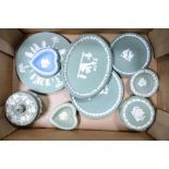 A collection of Wedgwood jasper ware to include oval tray, lidded pots, wall plates etc (1 tray)