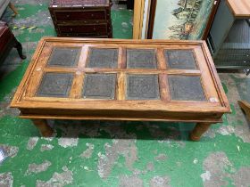 Large pitch pine Coffee table with inset embossed metal panels 120cm W x 61cm D x 45cm H