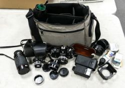 Vintage EM Nikon camera with 50mm E series lens, Tamron 28mm adaptall 2, Kiron 2x match mate mc