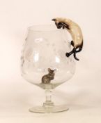 Large etched glass Brandy glass together with ceramic cat & mouse. Height 28cm